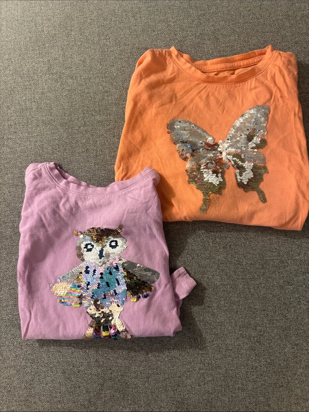 5/$15- Sequin Butterfly & Owl Kids Tops - Orange and Lilac. Long sleeve